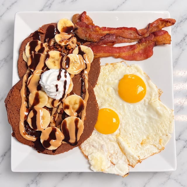 Chocolate Peanut Butter & Banana Pancake Combo.